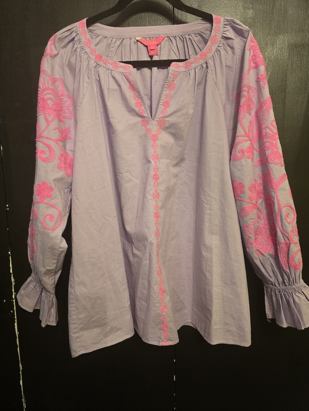 Lilly Pulitzer Lavender "Revina" Pesant Tunic w/ Pink Floral Embroidery Size L